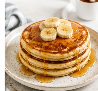 Stack of fluffy banana hotcakes topped with banana slices and maple syrup