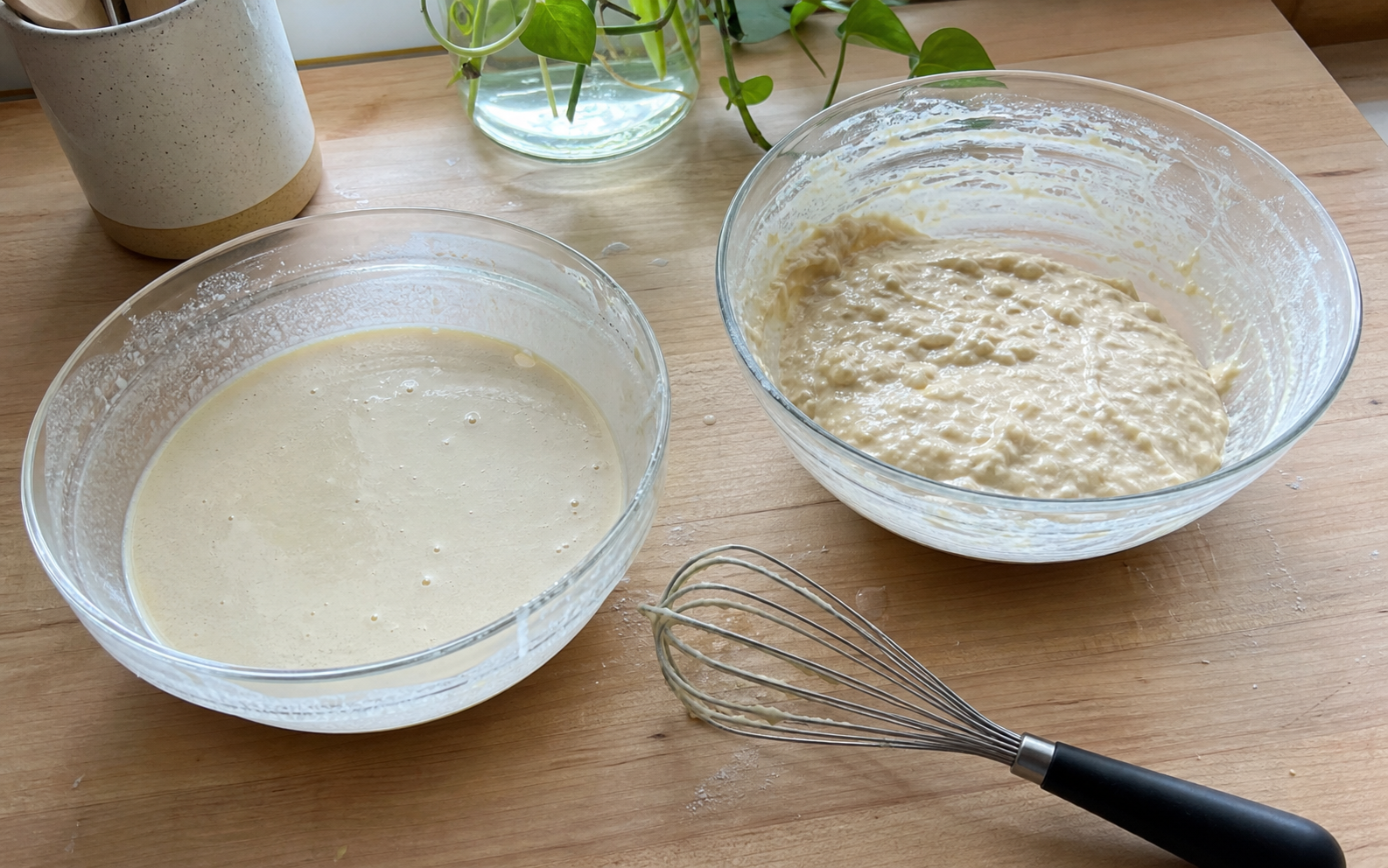 Thin crepe batter compared with thick pancake batter in two bowls