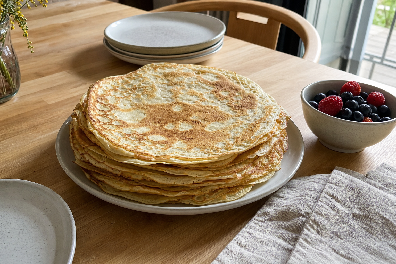 Homemade crepes arranged for a casual brunch table