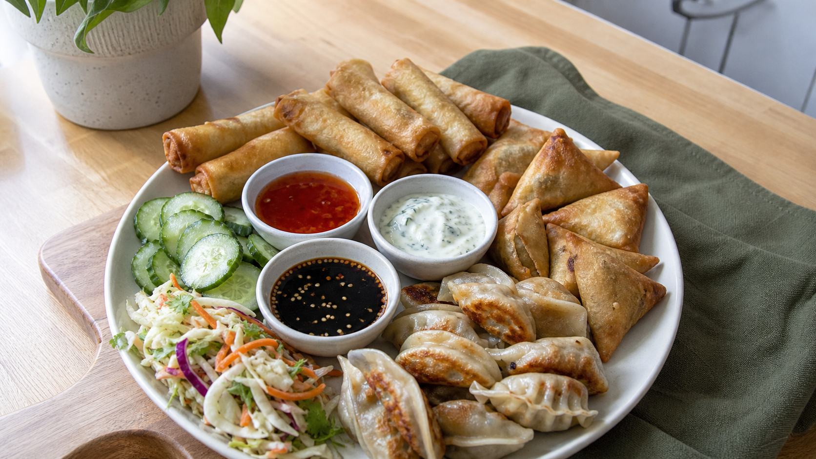 A home-style platter of spring rolls, samosas and potstickers with dipping sauces, cucumber and slaw