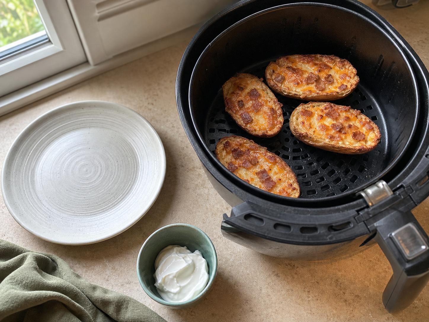 Generic loaded potato skins in a black air fryer basket on a home kitchen counter