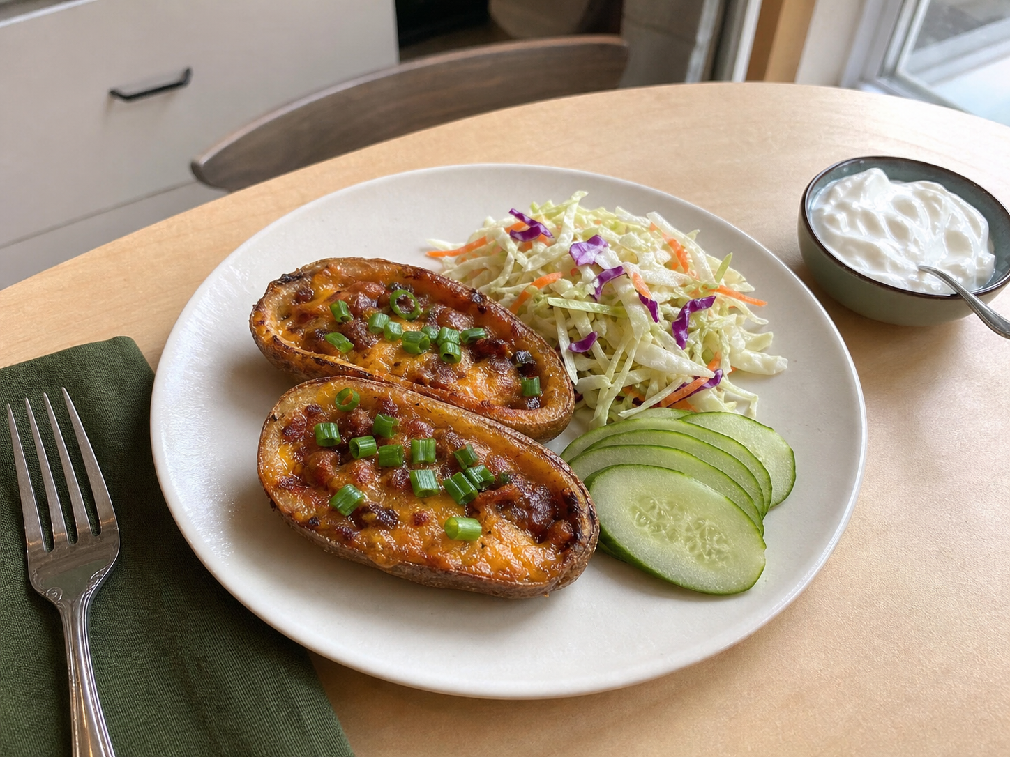 A casual home dinner plate with generic loaded potato skins, cucumber, cabbage salad and sour cream