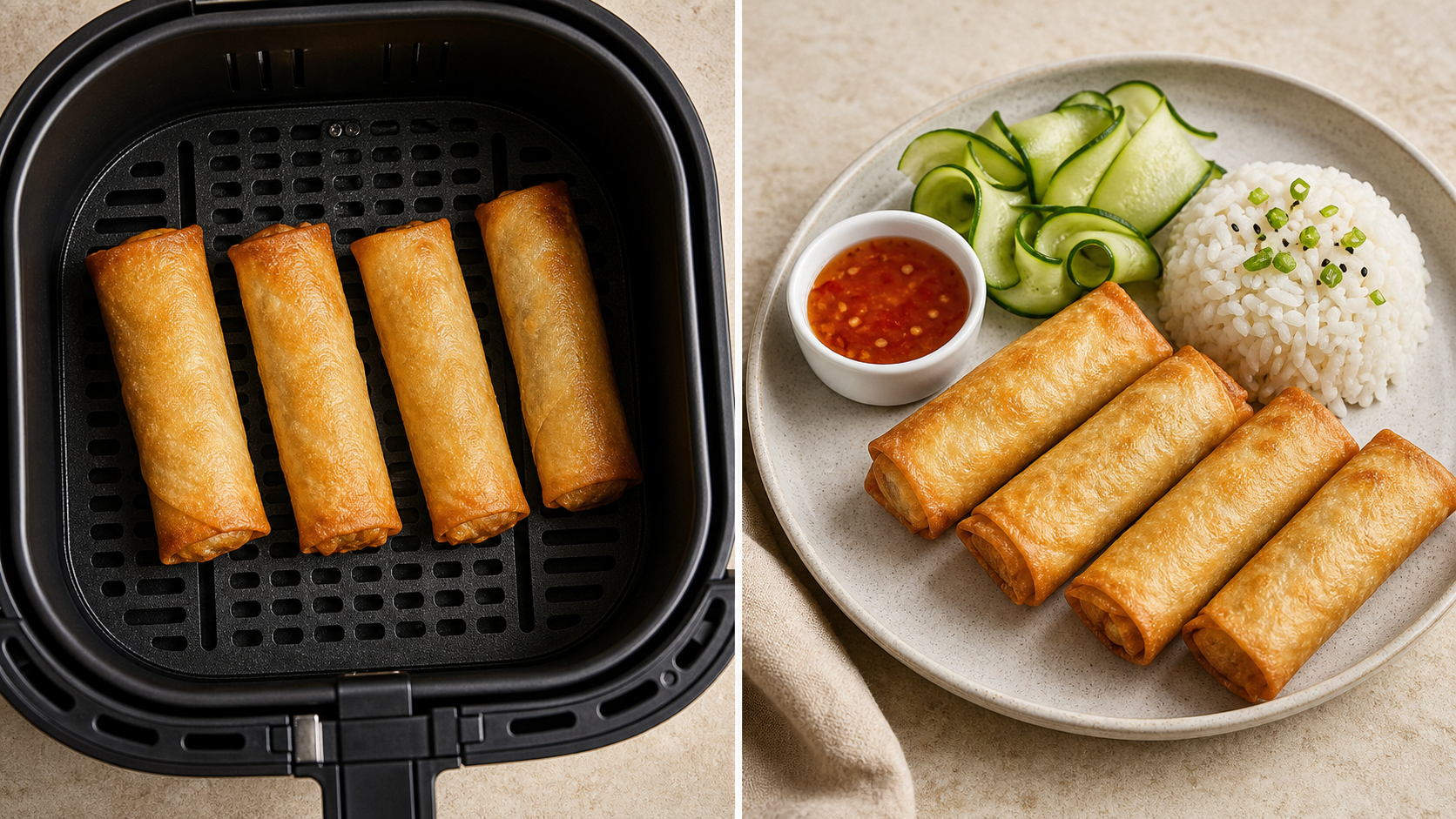 Illustration of four spaced spring rolls in an air-fryer basket