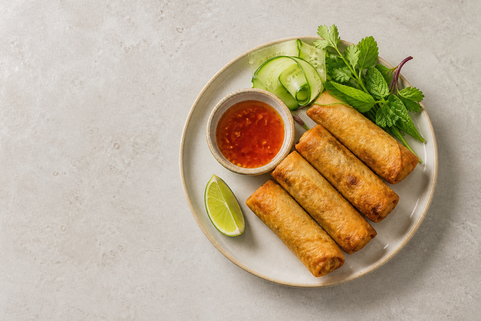 Illustration of crisp spring rolls with dipping sauce and cucumber