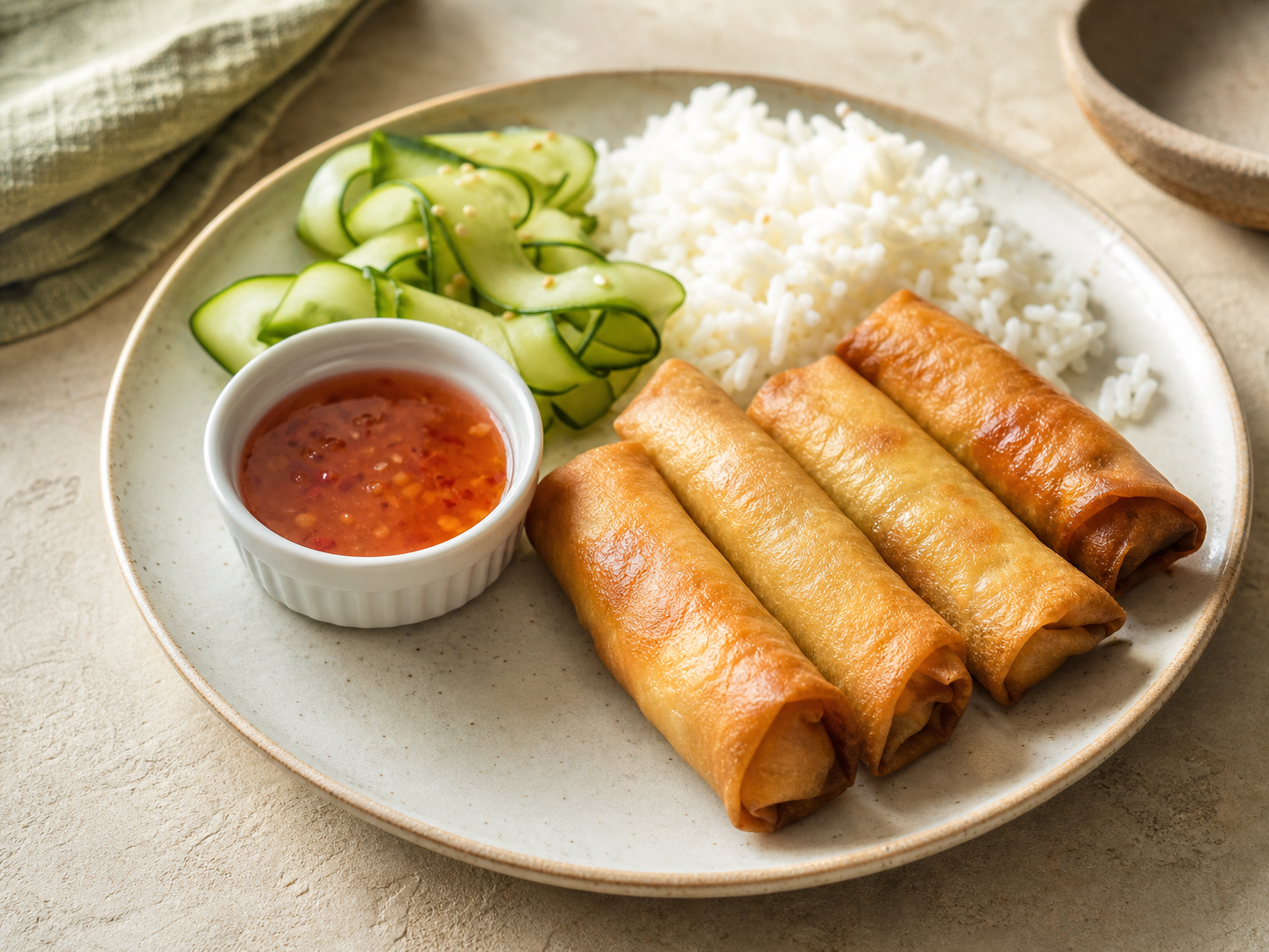 Illustration of spring rolls with rice, cucumber and a dipping sauce