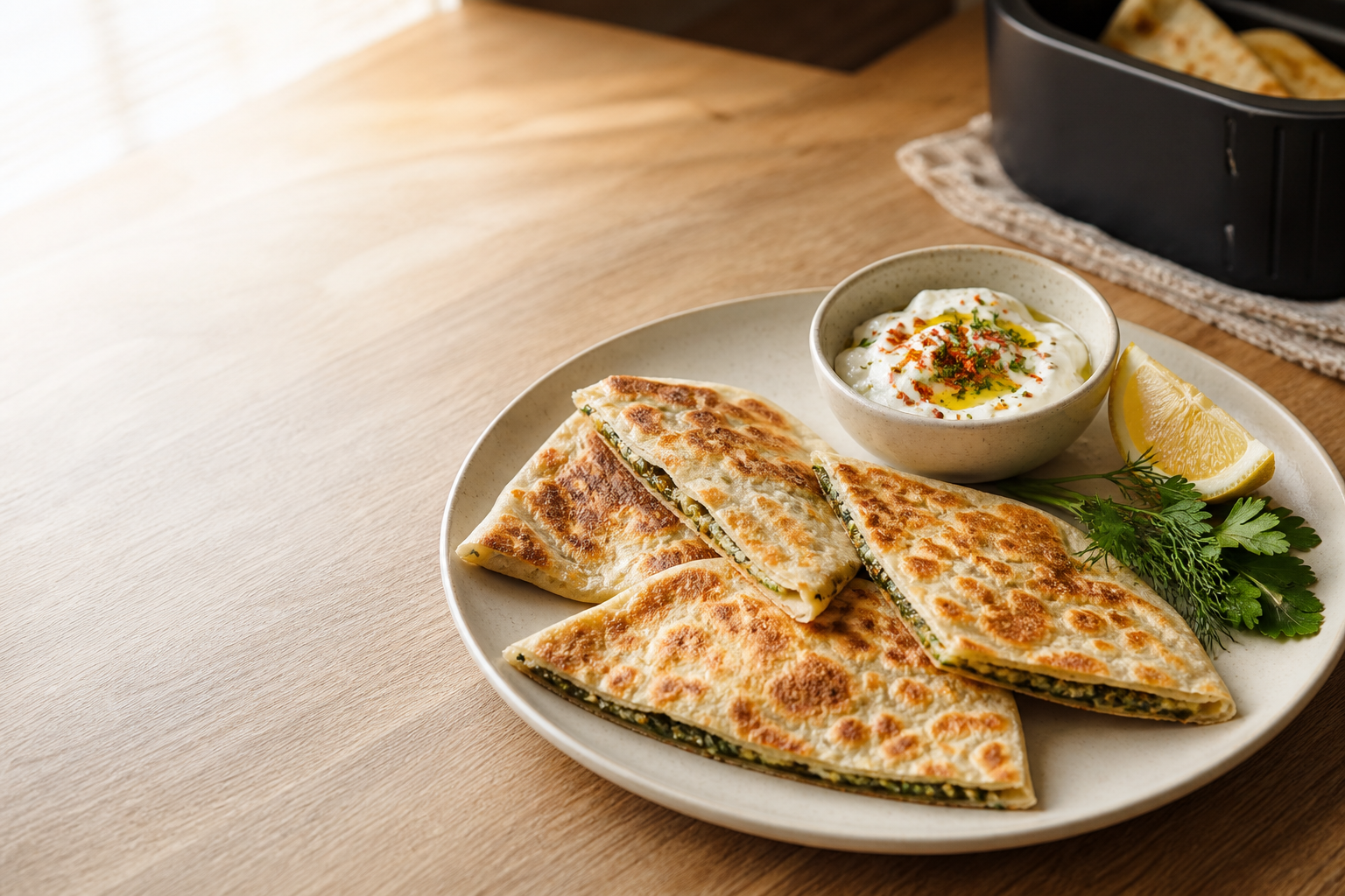 Crispy gözleme with dip