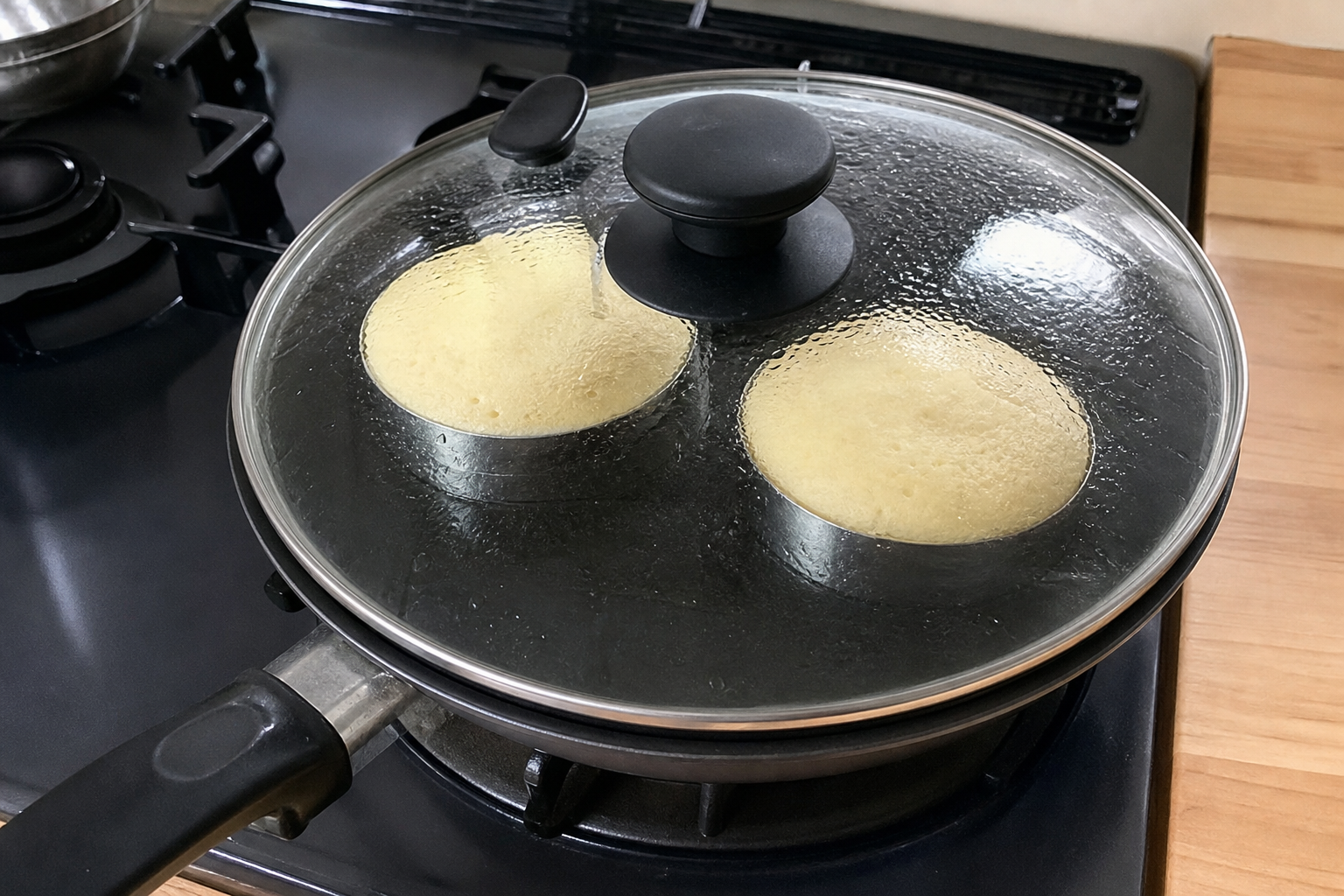 Japanese soufflÃ© pancakes cooking slowly in ring molds under a lid