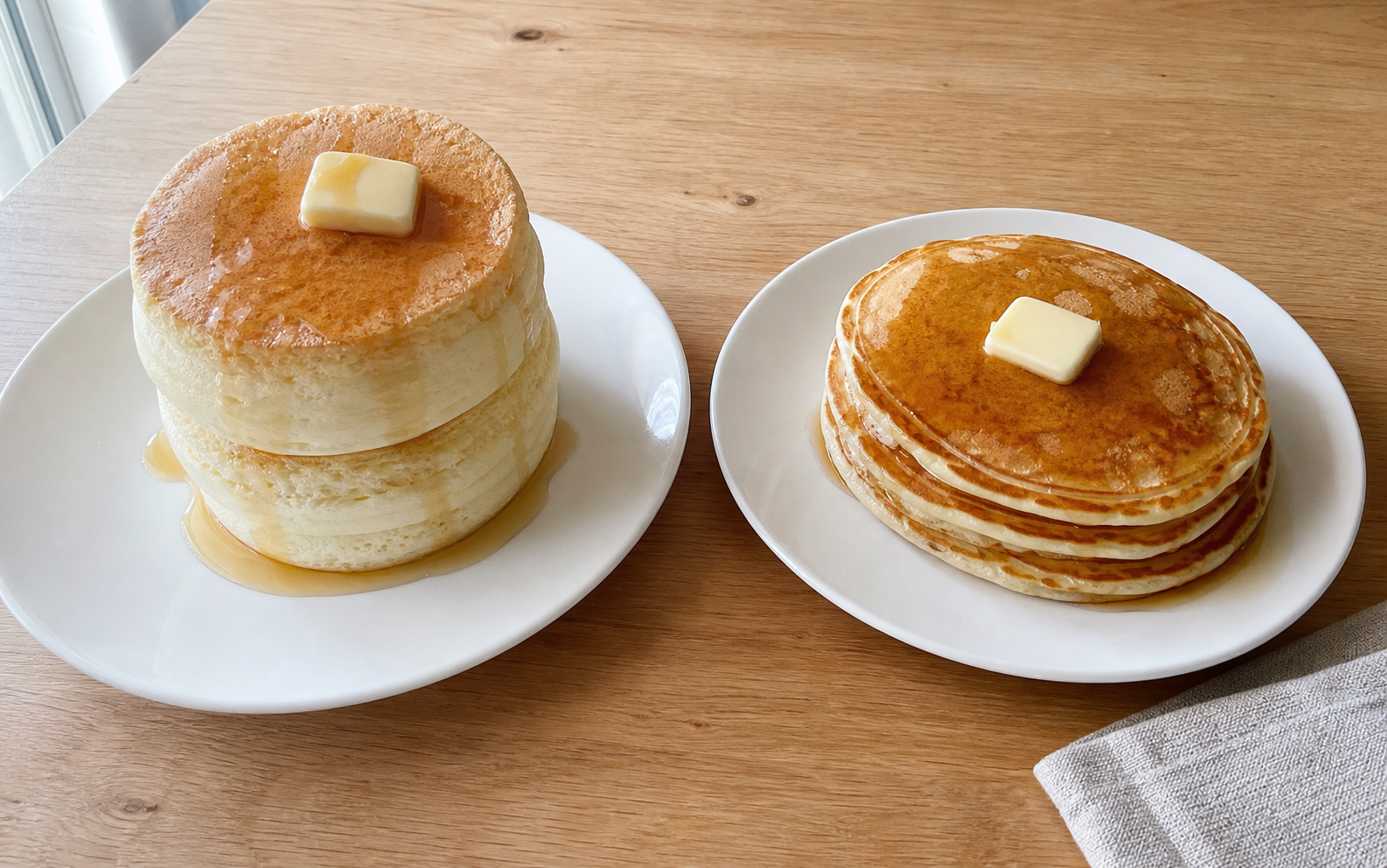 Japanese soufflÃ© pancakes and American pancakes shown side by side