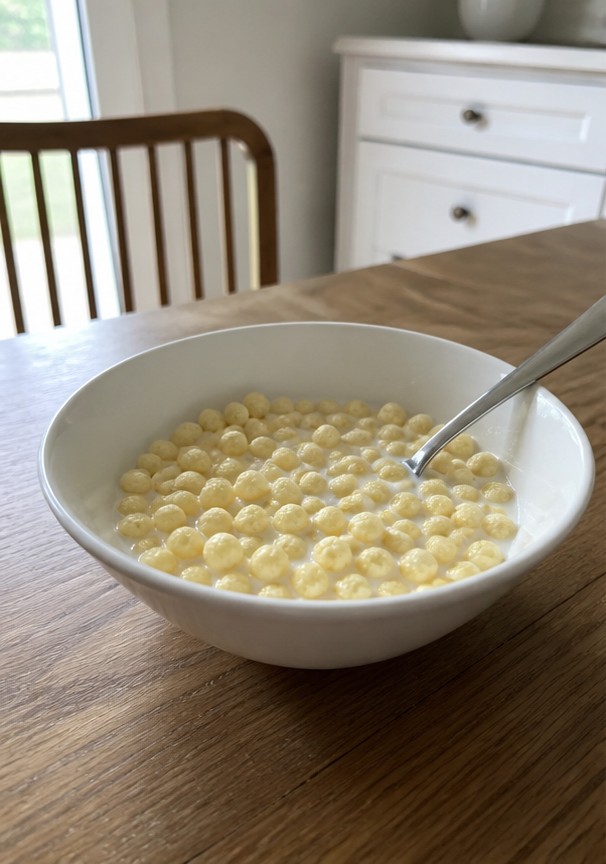 A simple bowl of golden cereal with milk on a wooden breakfast table