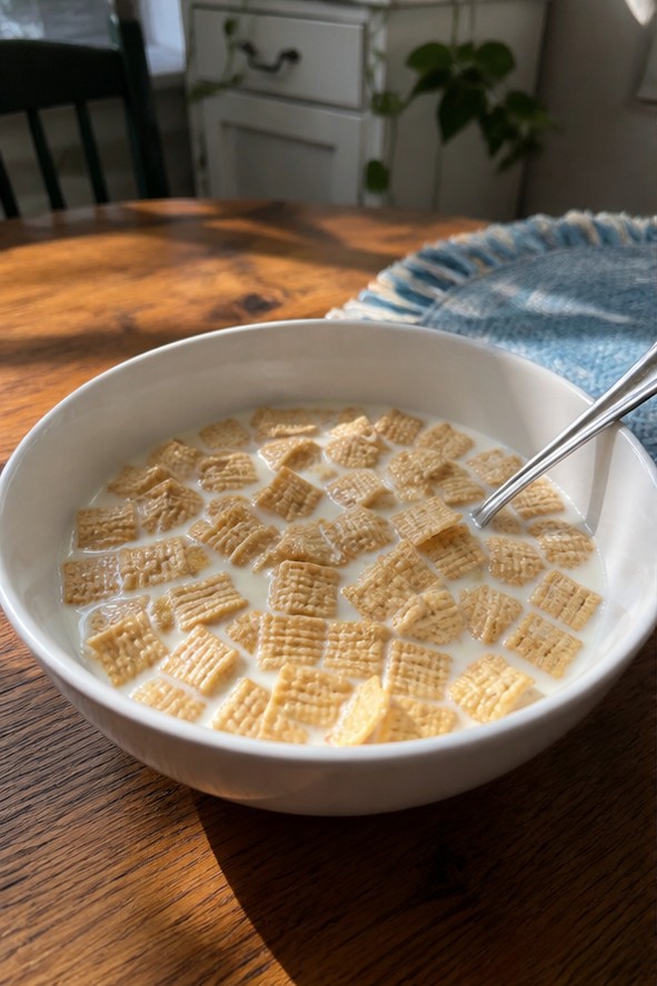 A simple bowl of golden cereal with milk on a wooden breakfast table