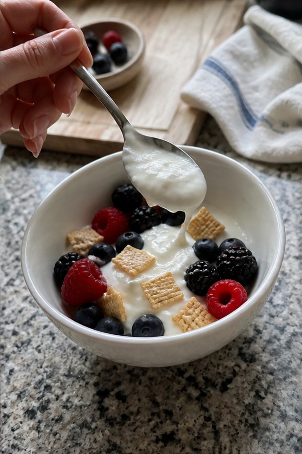 Cereal being poured into a bowl with plain yogurt and banana slices