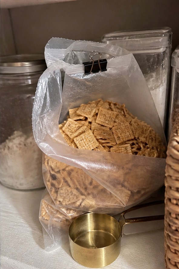 A homemade cereal snack mix with dried fruit and seeds on a parchment-lined tray
