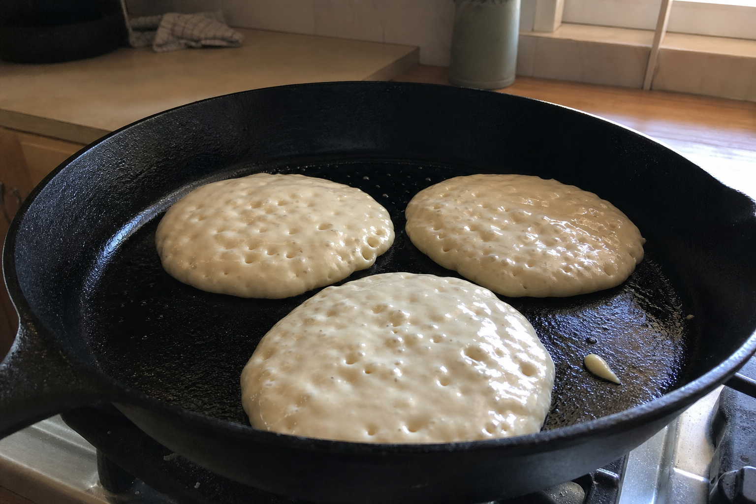 Thick pancake batter cooking as small rounds in a skillet