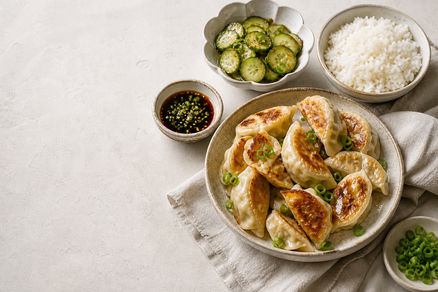 Illustration of a potsticker dinner with rice, cucumber salad, scallions and dipping sauce