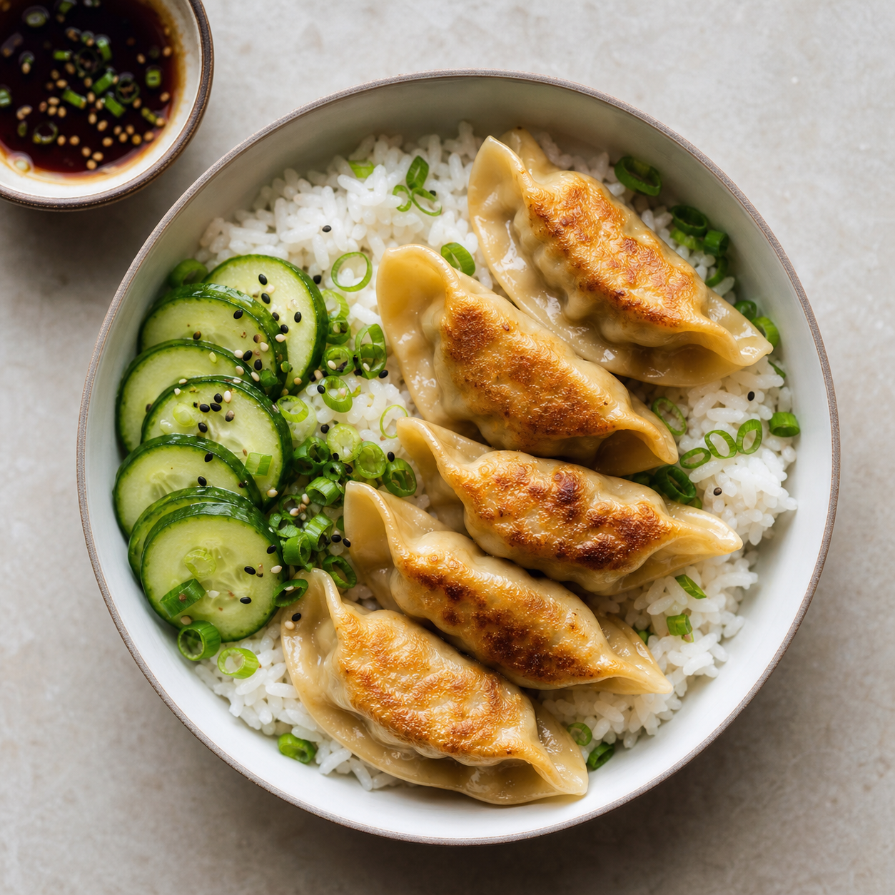 Illustration of a potsticker rice bowl with cucumber and dipping sauce