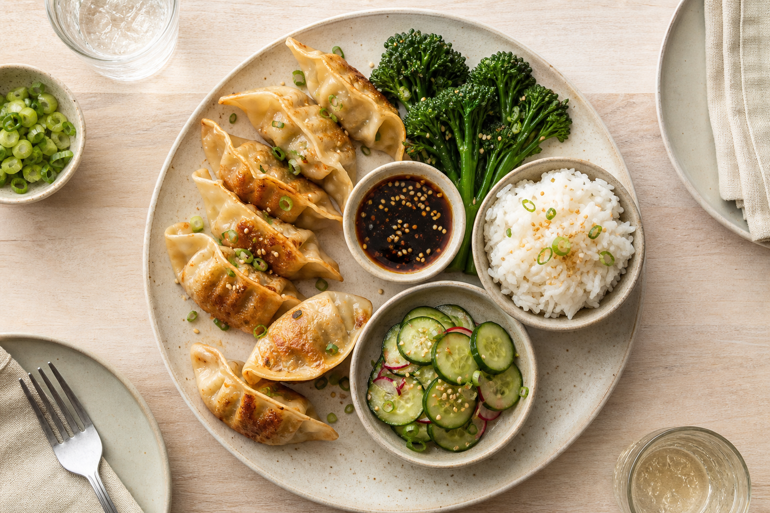 Illustration of a shared potsticker dinner with vegetables rice and sauces