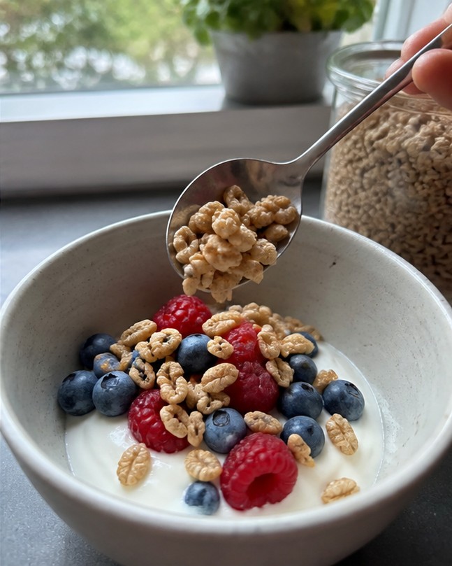 A homemade cereal snack mix with dried fruit and seeds on a parchment-lined tray