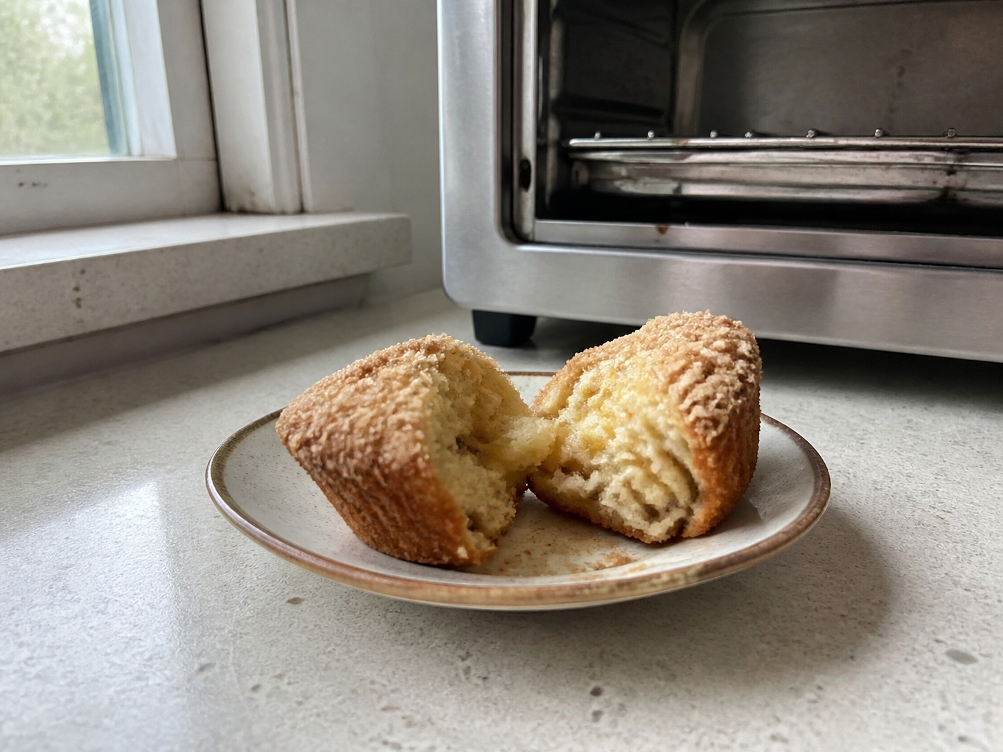 Cold homemade muffin beside a toaster oven