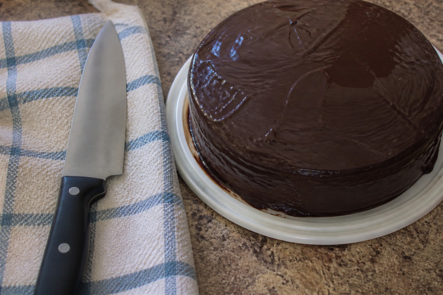 A close look at the finished a home version of the classic chocolate-and-apricot cake