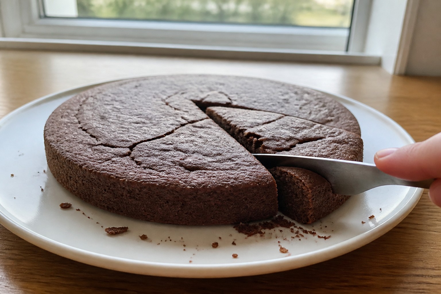 A close look at the finished a Sacher cake that cracks while baking, cooling or slicing