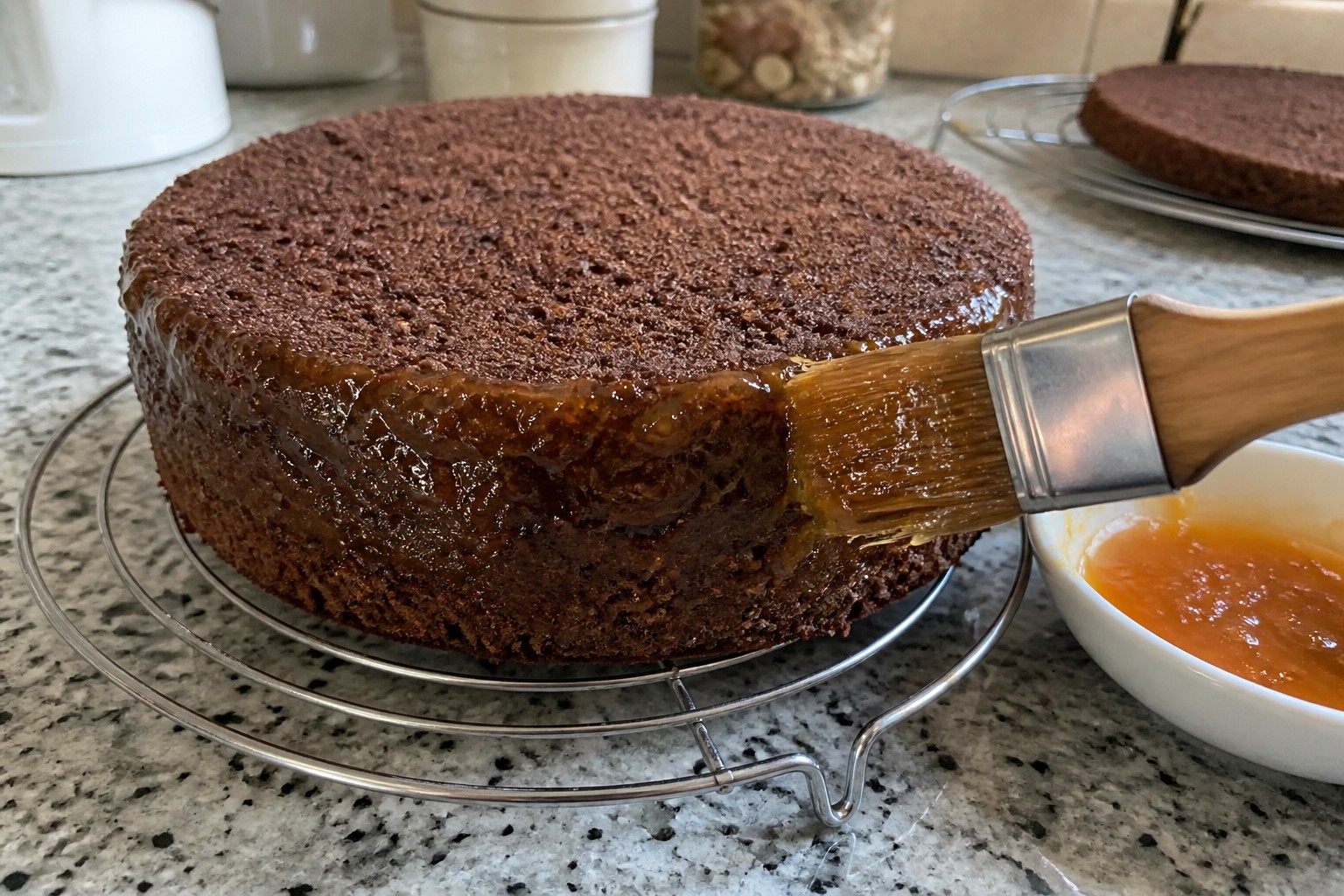 A close look at the finished the apricot-jam layer and outer seal of a Sacher cake