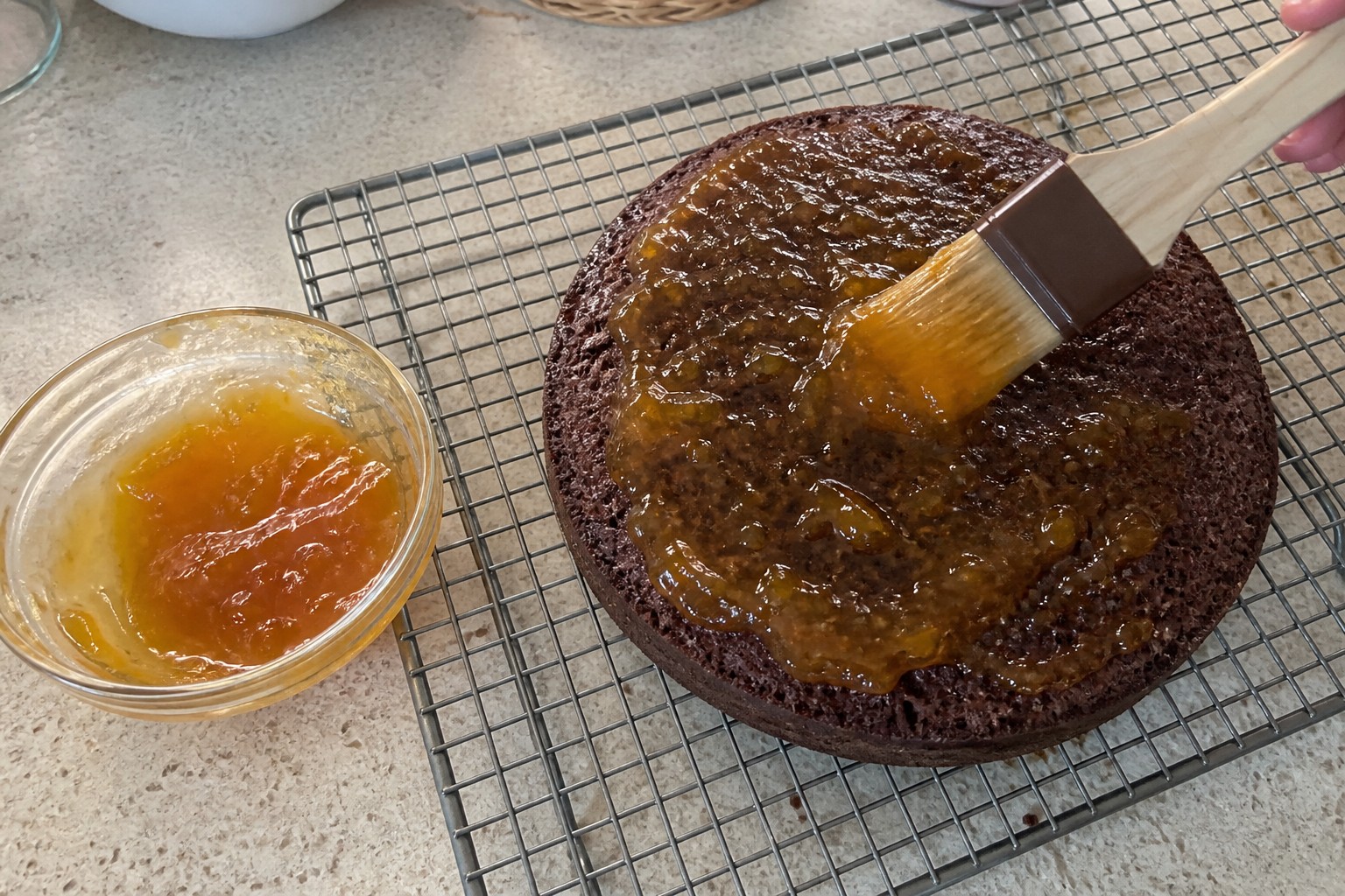 A close look at the finished a home version of the classic chocolate-and-apricot cake