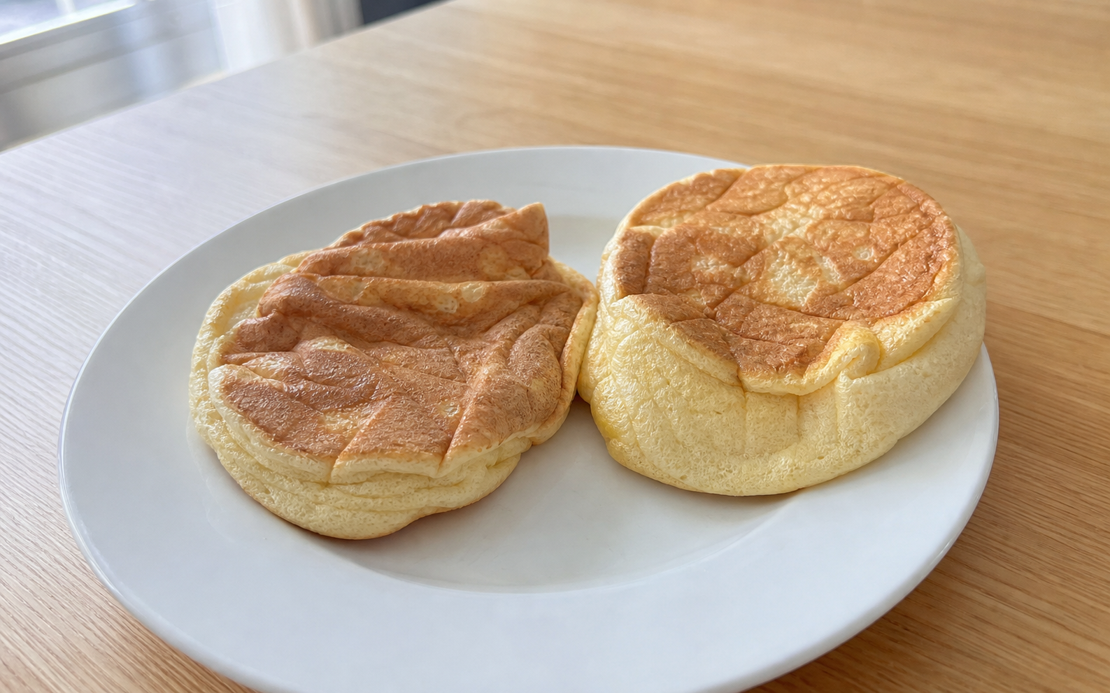 Japanese soufflé pancakes that have deflated after cooking