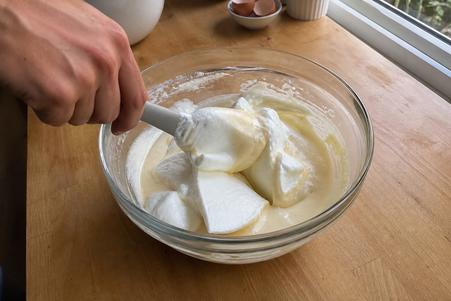 Meringue being gently folded into soufflé pancake batter