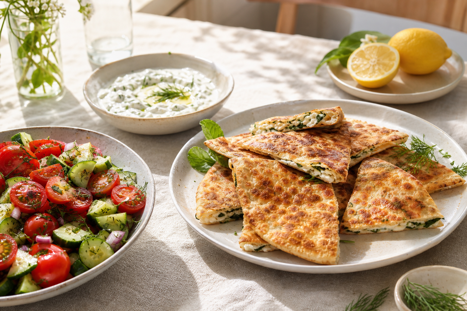 Crisp flatbread and a colorful summer lunch spread