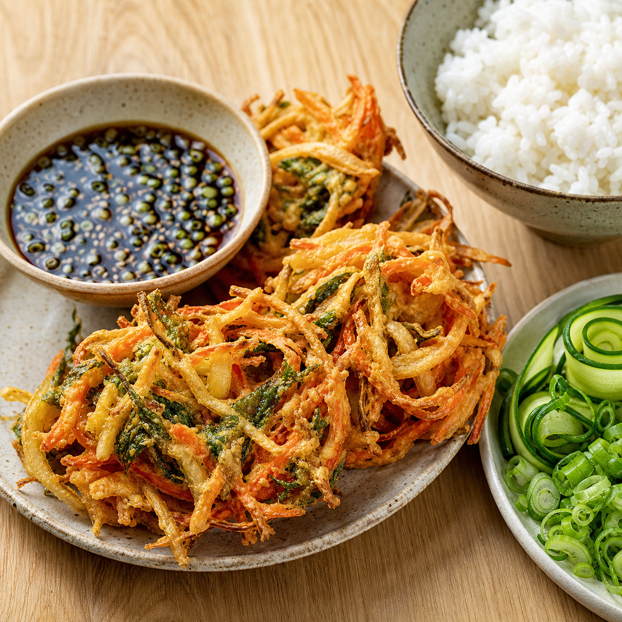 Illustration of vegetable tempura nests served with rice, cucumber and dipping sauce