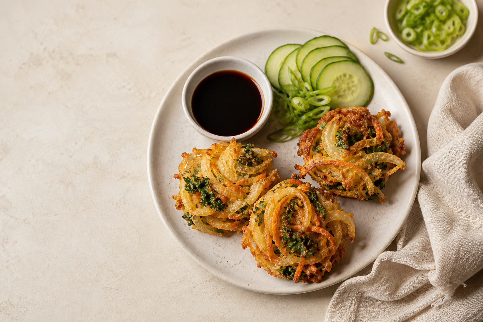 Illustration of crispy vegetable tempura nests with soy dipping sauce, cucumber and scallions